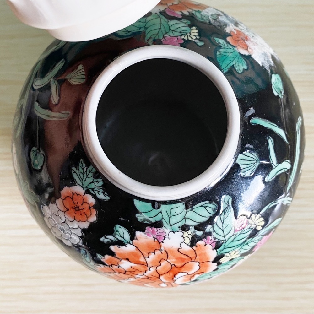 VTG Oriental Asian Black White Floral Decor Mini Jar with Lid Vase Home Decor - Picture 2 of 8